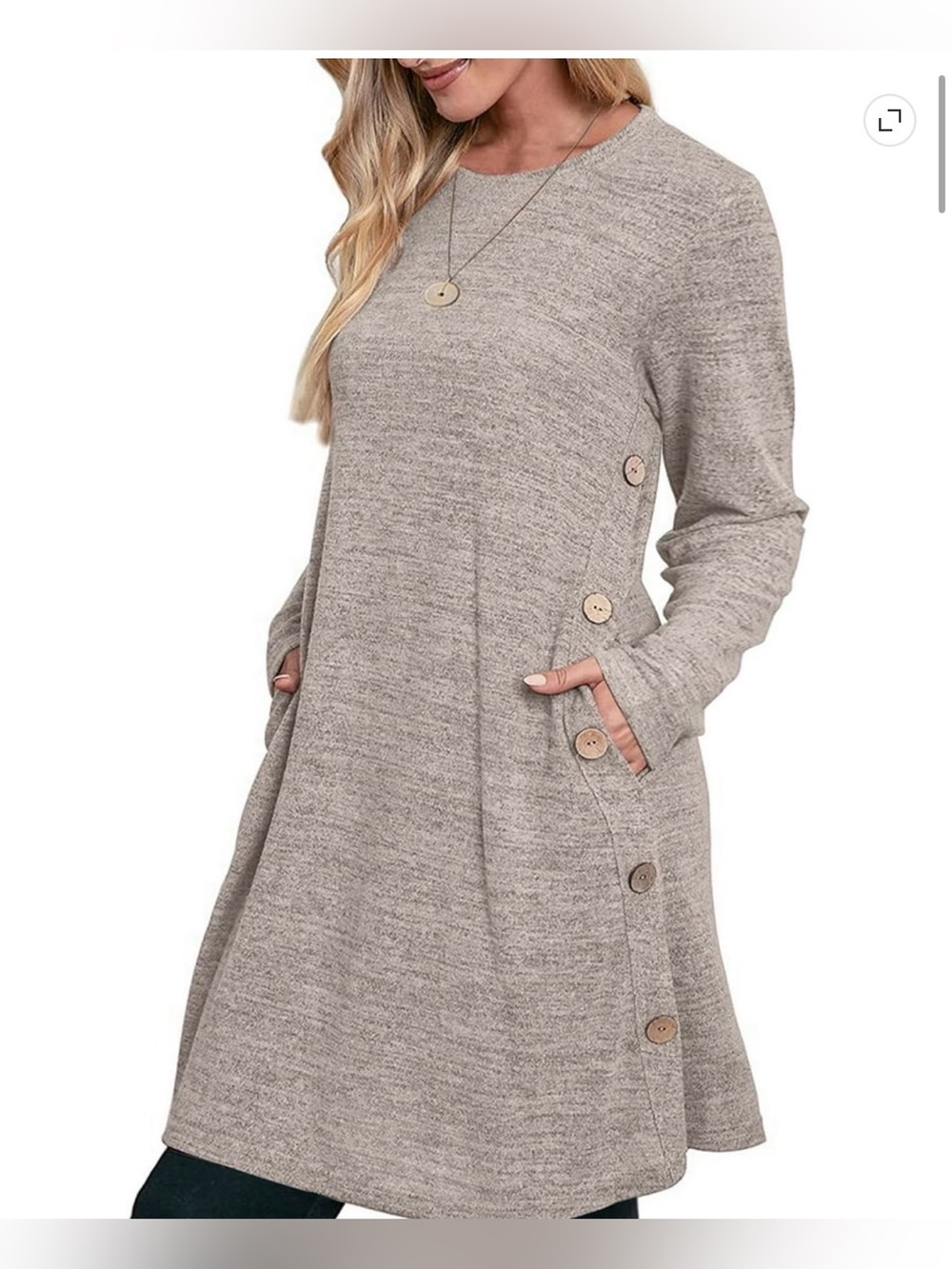 Women’s XL Heather Taupe Swing Dress Long Sleeve Side Button Pocket Tunic Boho